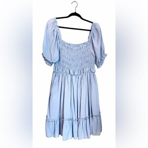 Jodifl Smocked Puff Sleeve Midi Dress | Light Blue | Lined | Size L